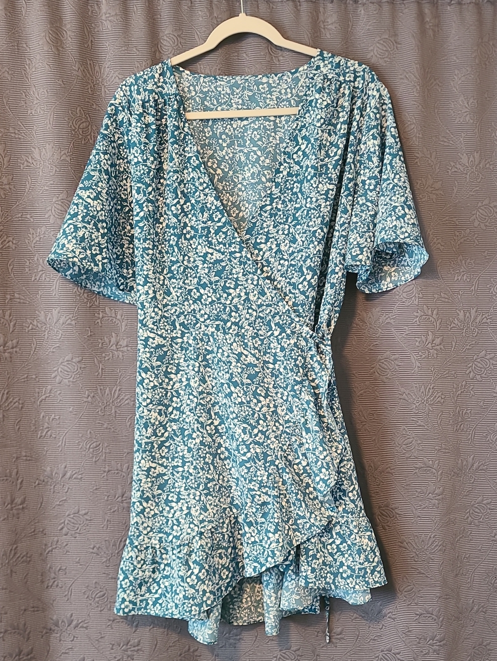 APRICOT Teal Blue Floral Wrap Mini Dress